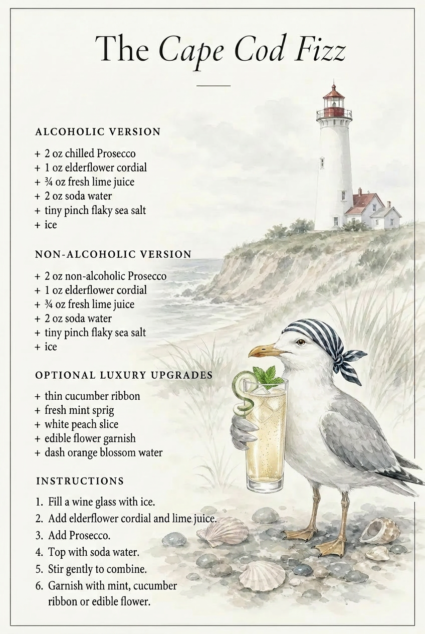 The Cape Cod Fizz cocktail recipe, set against the Cape Cod lighthouse and dunes