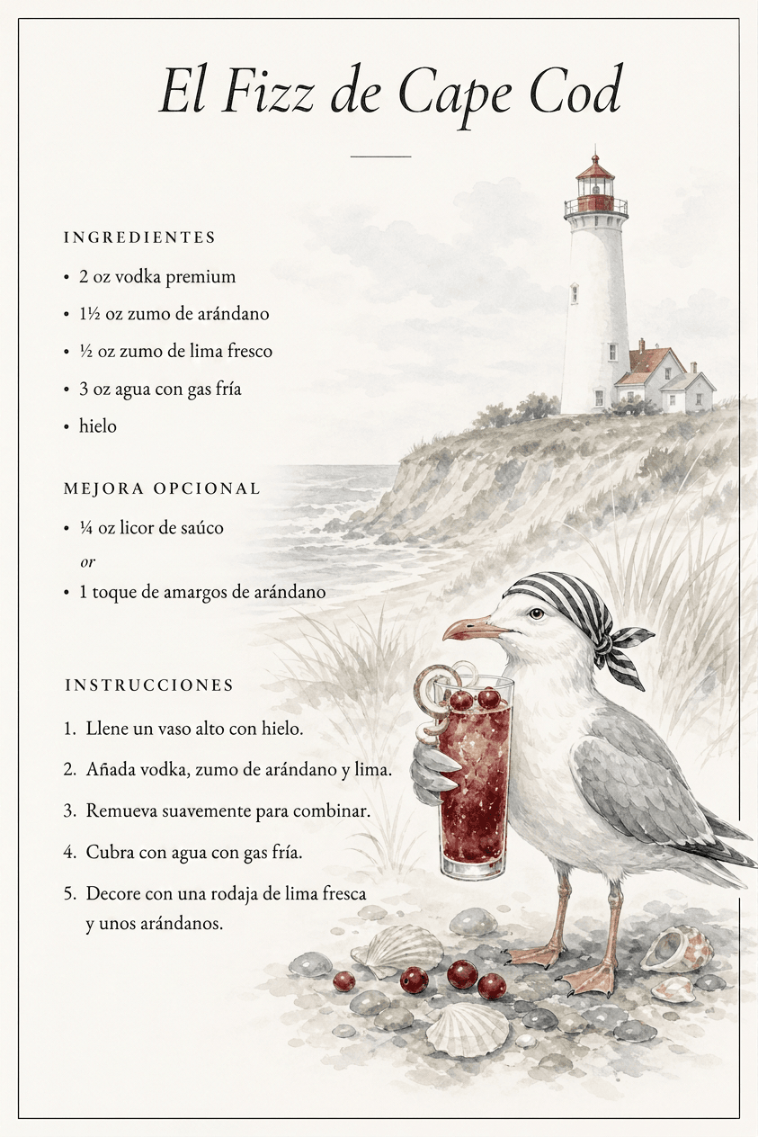 Receta del cóctel Cape Cod Fizz, con el faro y las dunas de Cape Cod de fondo