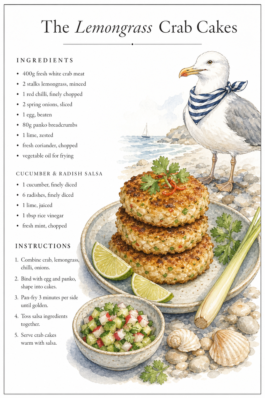 Lemongrass crab cakes with cucumber and radish salsa recipe