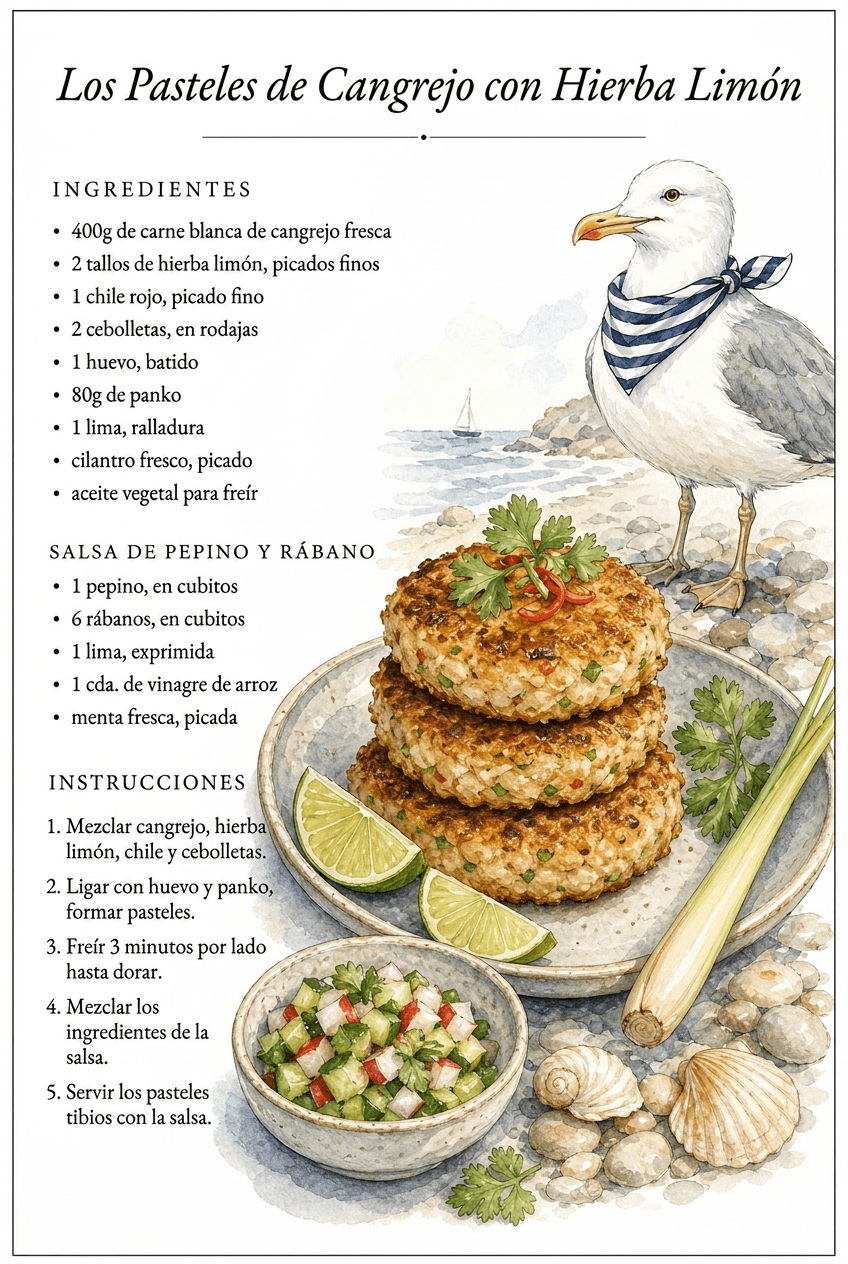 Receta de tortitas de cangrejo con limoncillo y salsa de pepino y rábano