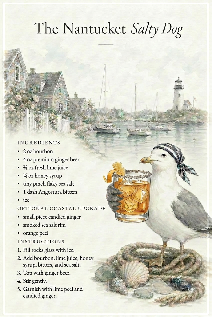 The Nantucket Salty Dog cocktail recipe, set against Nantucket harbour and lighthouse