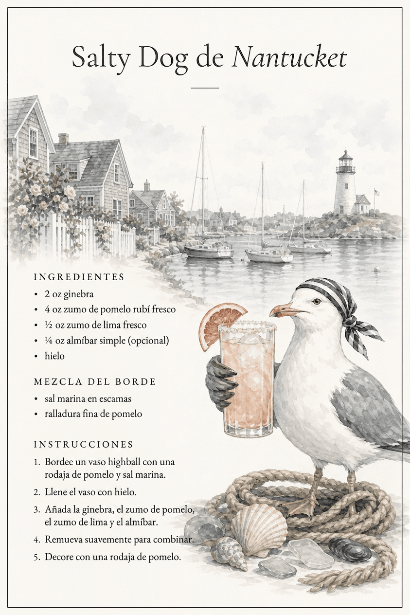 Receta del cóctel Nantucket Salty Dog, con el puerto y el faro de Nantucket de fondo
