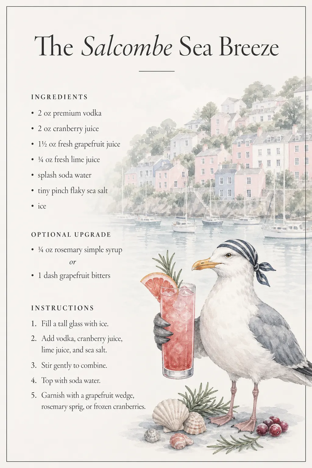 The Salcombe Sea Breeze cocktail recipe, set against the painted houses of Salcombe harbour