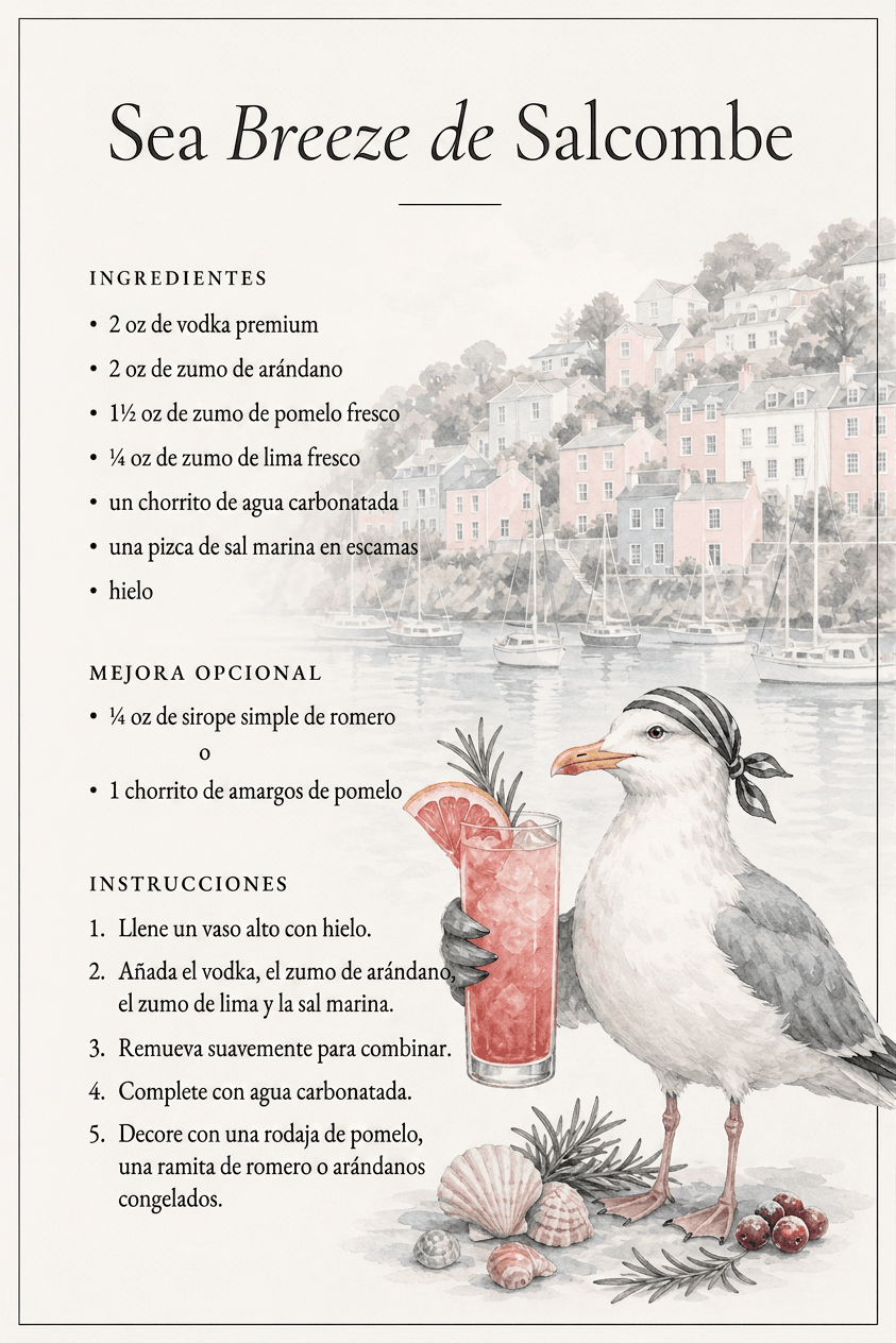 Receta del cóctel Salcombe Sea Breeze, con las casas pintadas del puerto de Salcombe de fondo